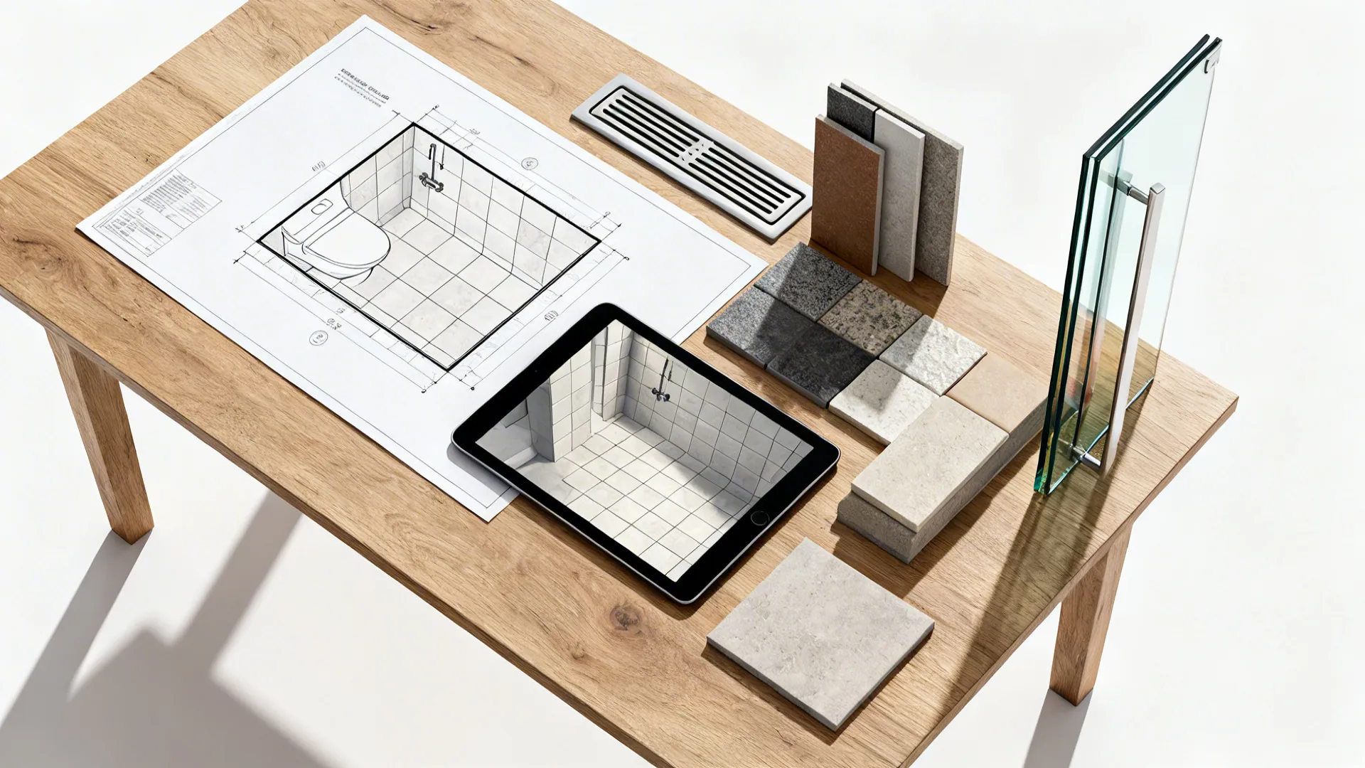 Top-down planning scene with floor plan, tablet showing 3D tile mockup, and tile samples.