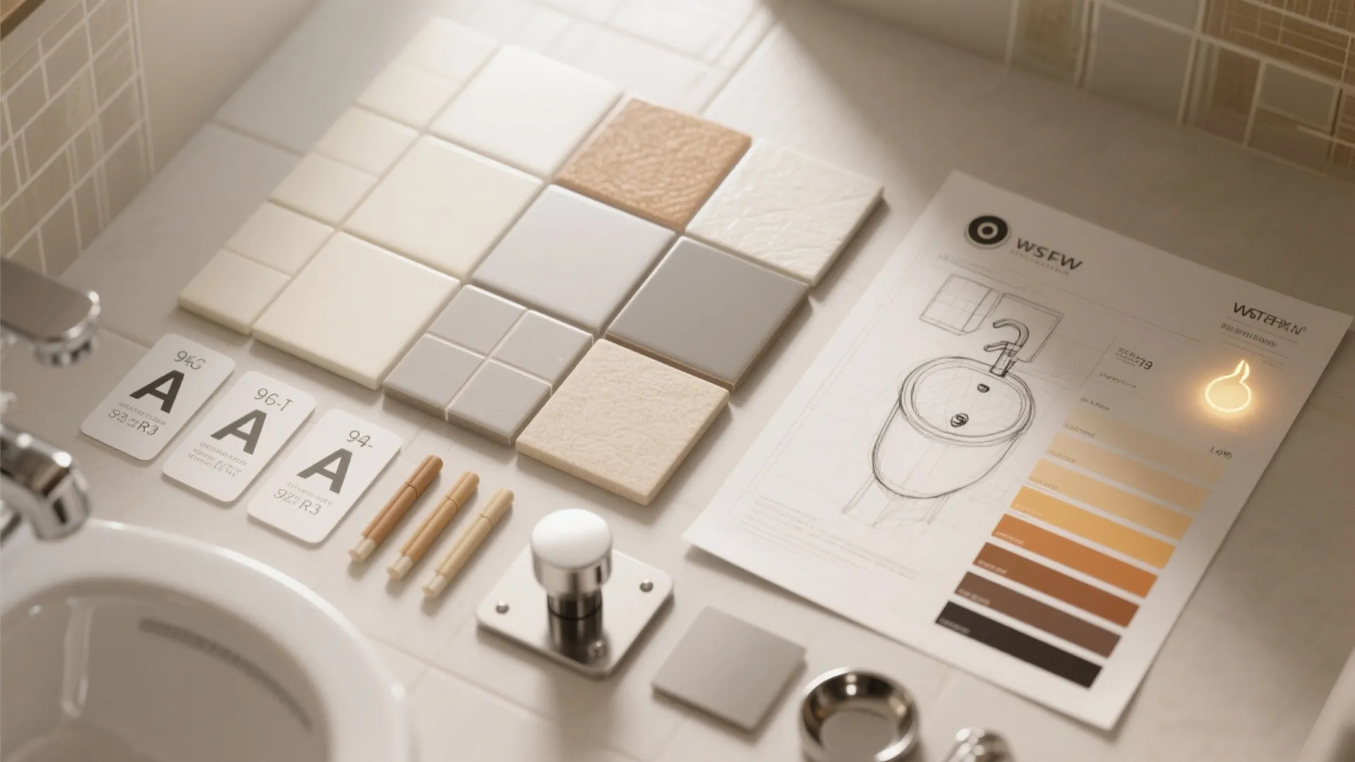 Interior design planning set with neutral tile samples, color swatches, and a sink technical drawing