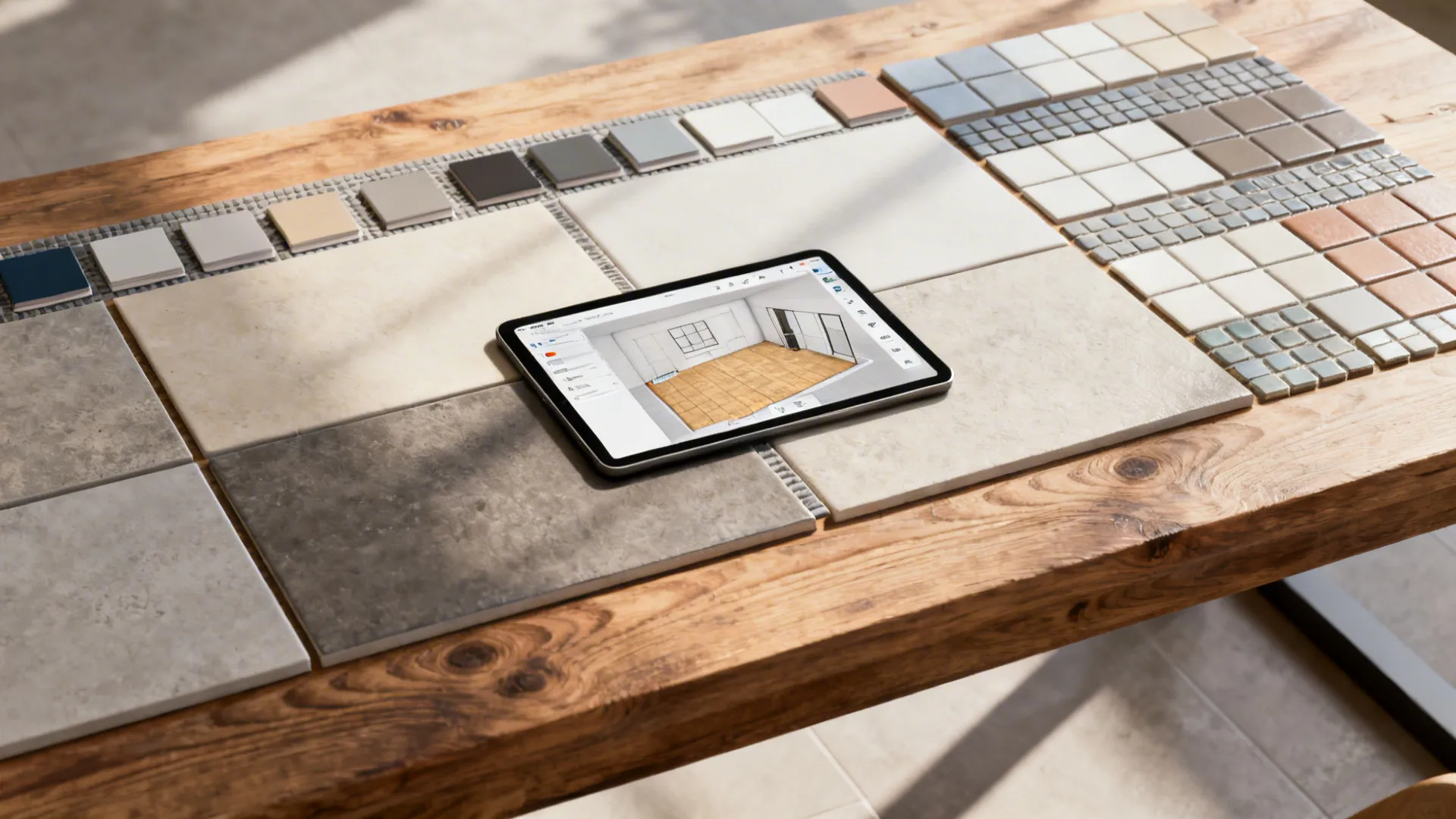 Top-down view of tile samples, grout swatches and a tablet with a 3D planner on a wood table