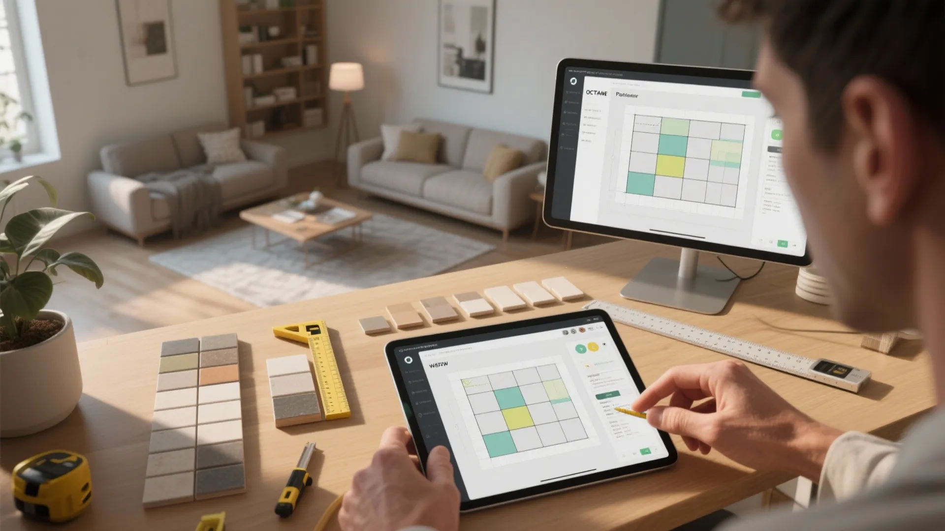 Top-down view of a tile planning workflow with a 3D room planner on a tablet and sample boards for scale.