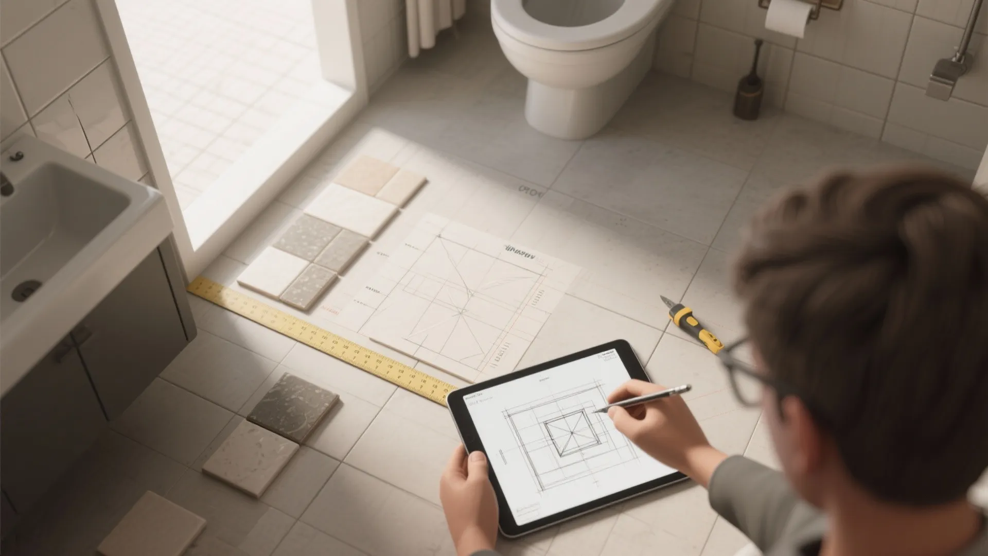 Designer using a tablet to create a bathroom floor plan with various floor tile samples