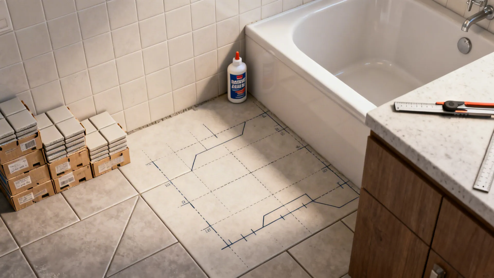 Top-down planner view with spare tile boxes, grout sealer, and cutting tools for tub tile planning