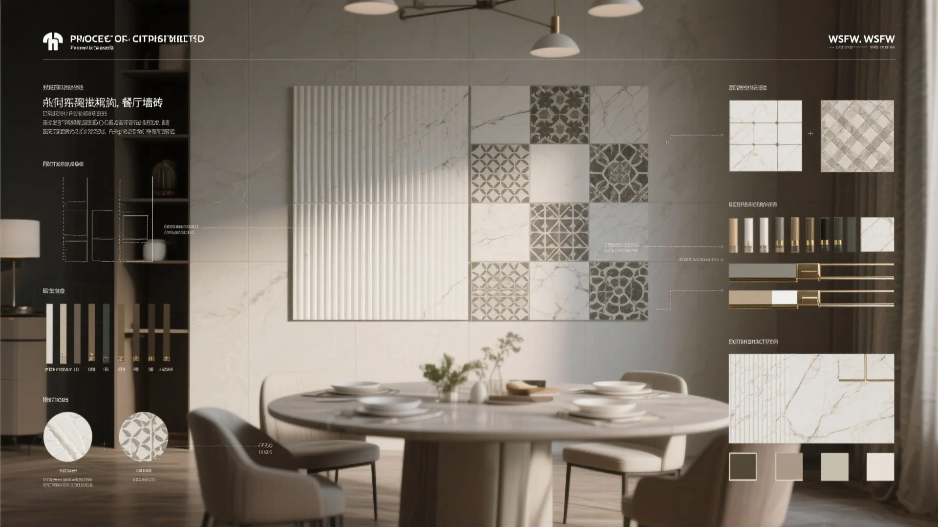Interior design drawing showing wall tile patterns and color options for a modern dining room