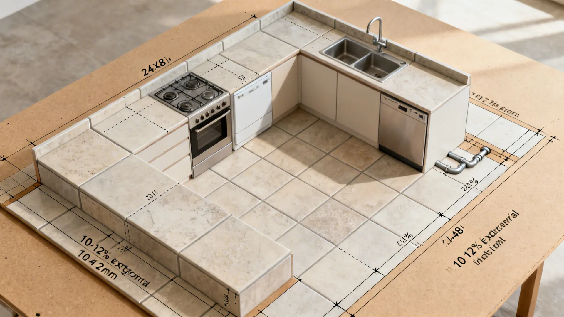 Top-down L-shaped kitchen plan showing large-format tile seams and tight grout joints.