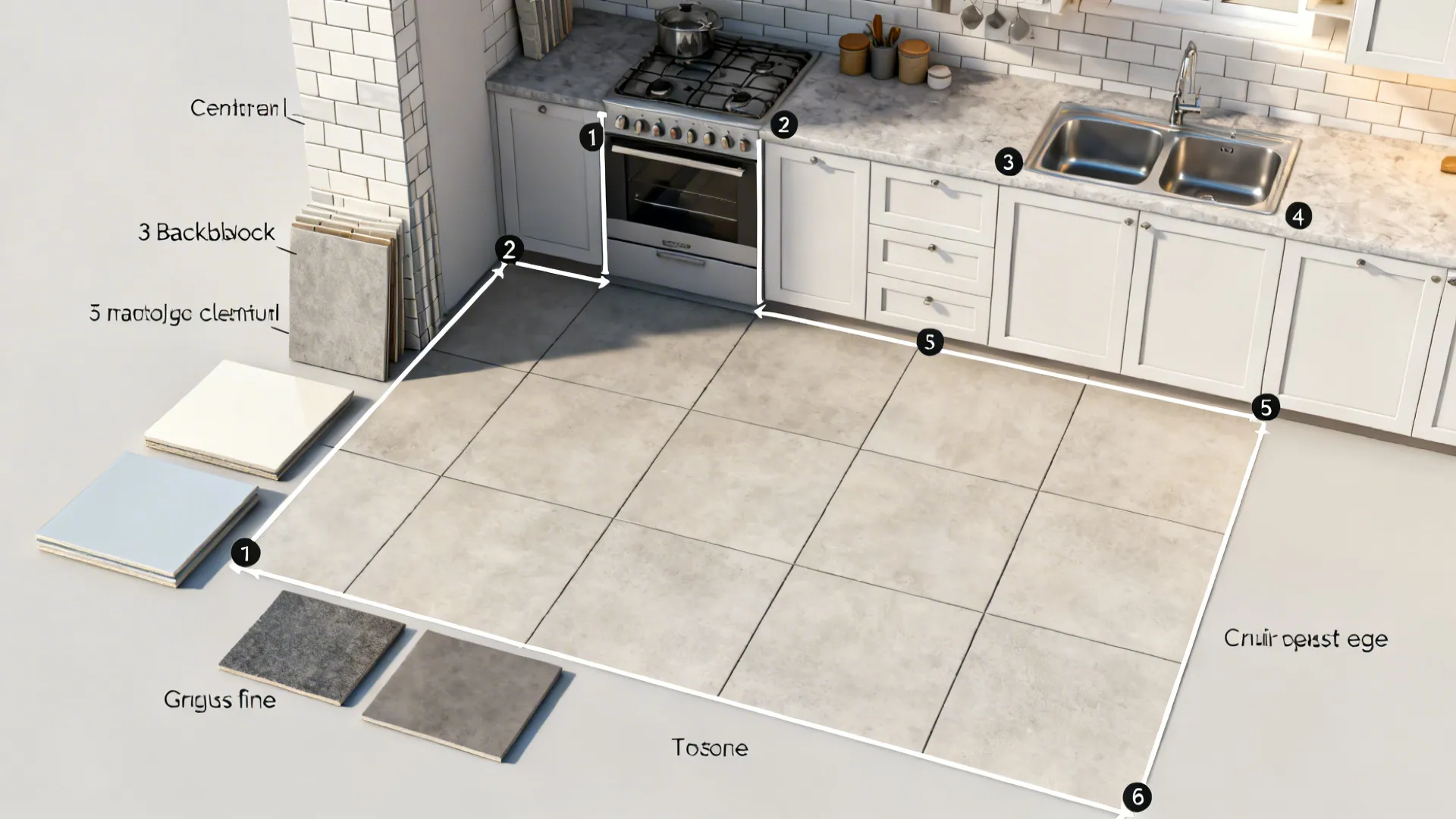 Top-down plan with tile layout steps and samples showing floor, backsplash, vertical stacks, and trims.