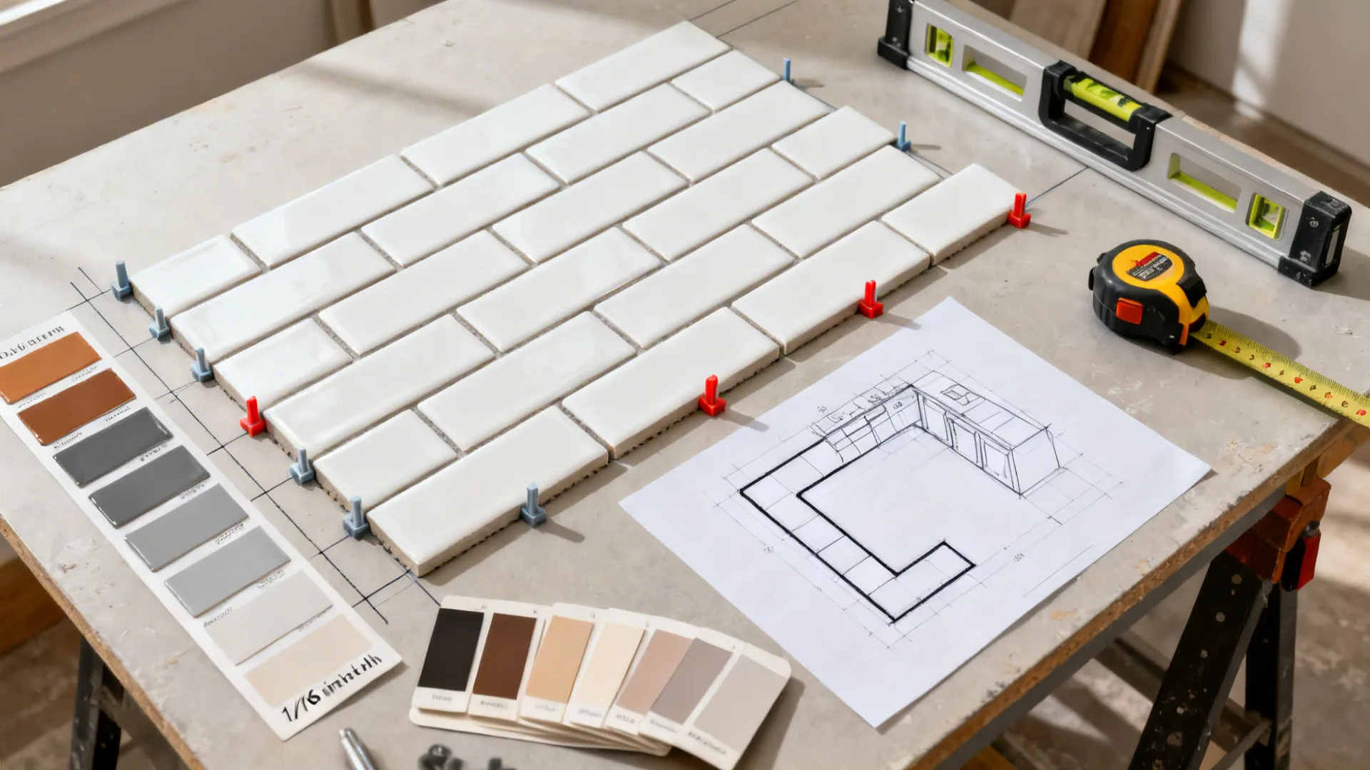 Top-down view of subway tiles, spacers, grout swatches, and a leveling system for layout planning.