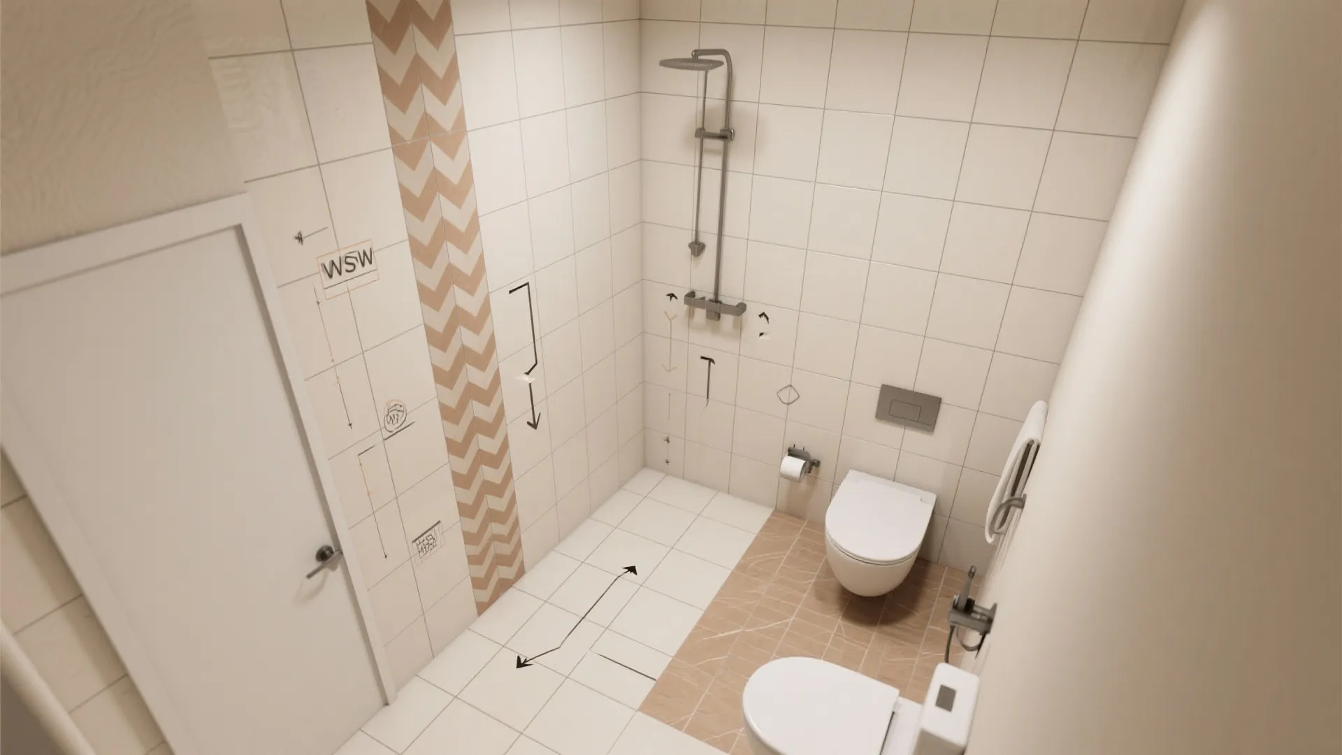 Top down interior design drawing of a bathroom with tile patterns shower and white toilet seat