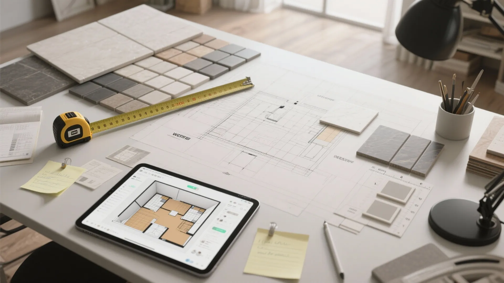Work desk with floor plan drawing tablet showing 3D layout material samples and tape measure