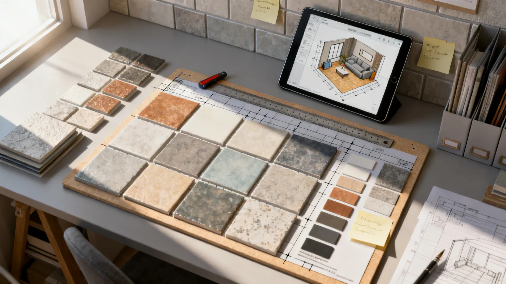 Top-down designer layout with tile samples, grout swatches and a tablet showing a 3D planner