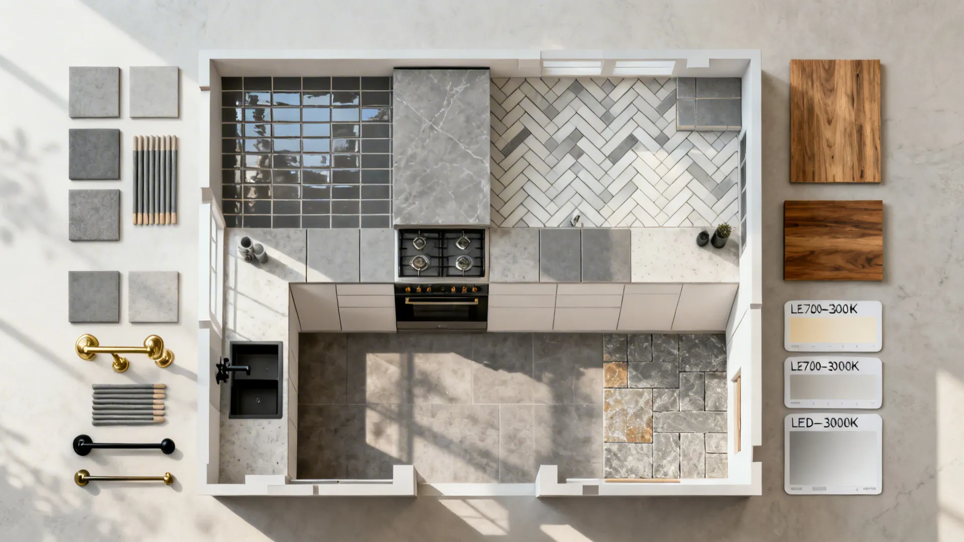 Top-down layout with grey tile swatches, grout, wood accents, hardware, and LED light temperature cards for small kitchens.