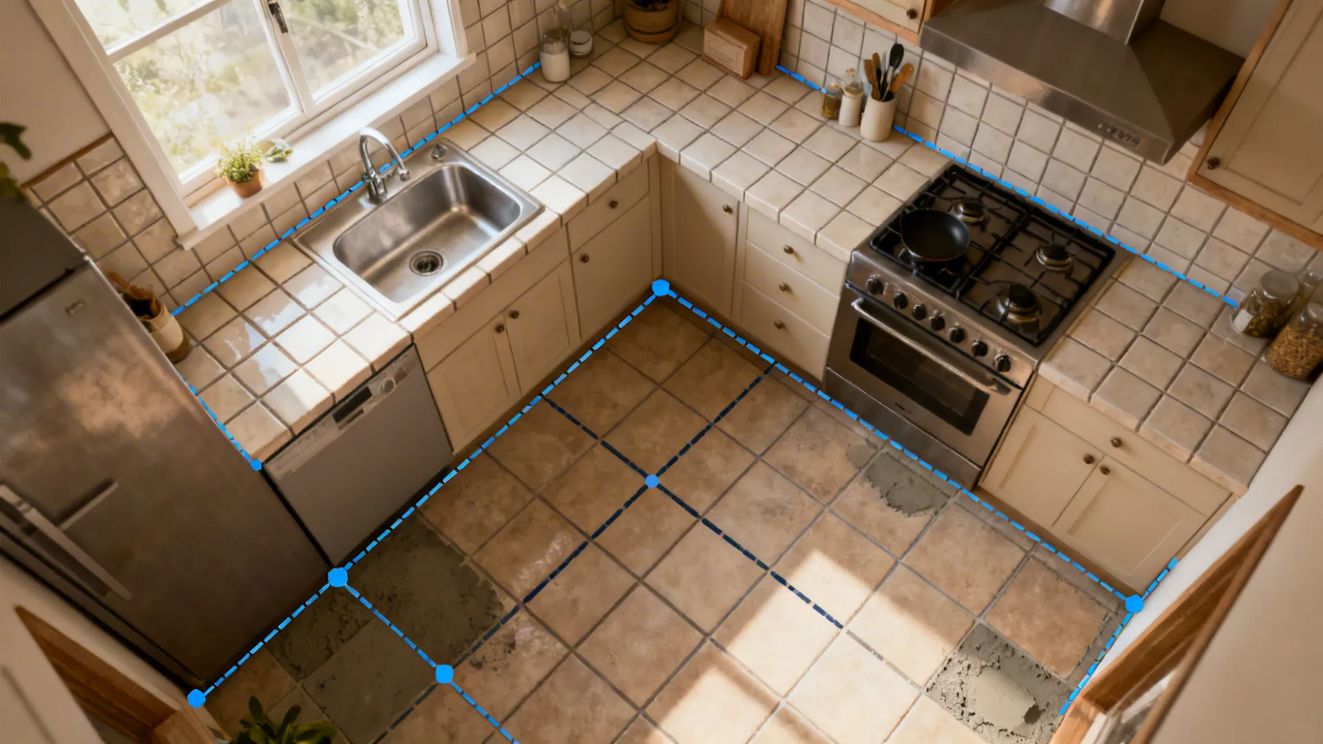 Top-down compact kitchen showing aligned tile joints and planned grout zones.