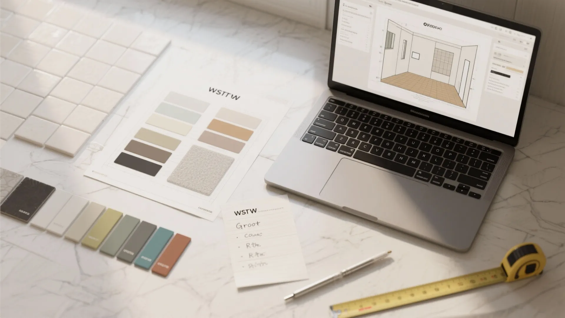Laptop showing 3D room design with color samples and measuring tape on marble desk surface