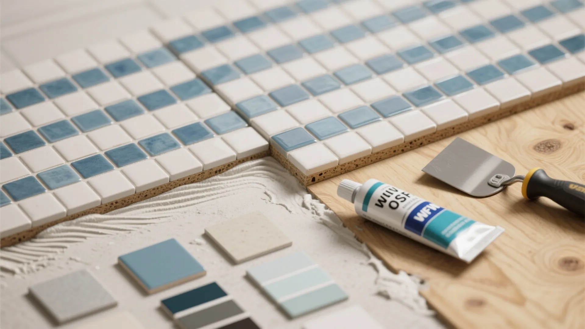 White and blue square tiles placed on wood board with glue tube and metal scraper