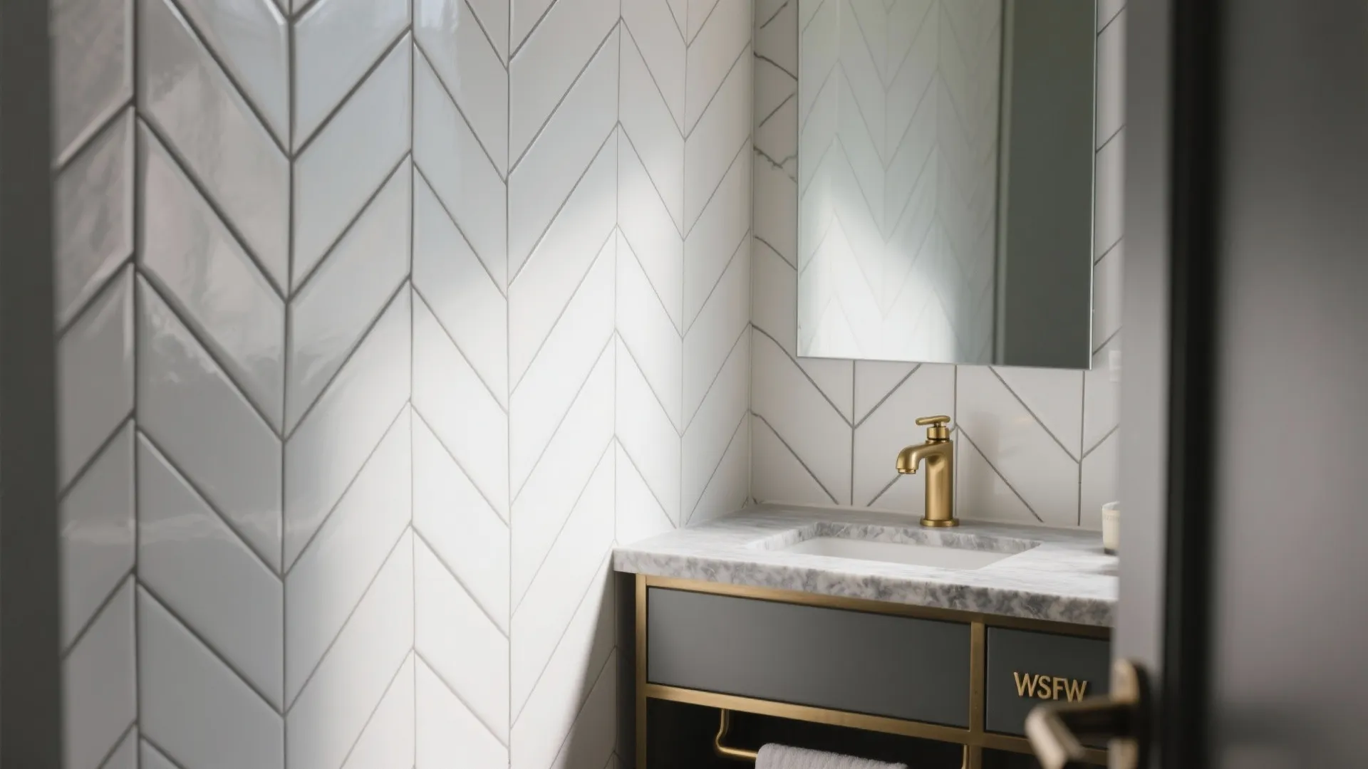 Modern bathroom with white herringbone wall tiles gold water tap marble counter and black cabinet