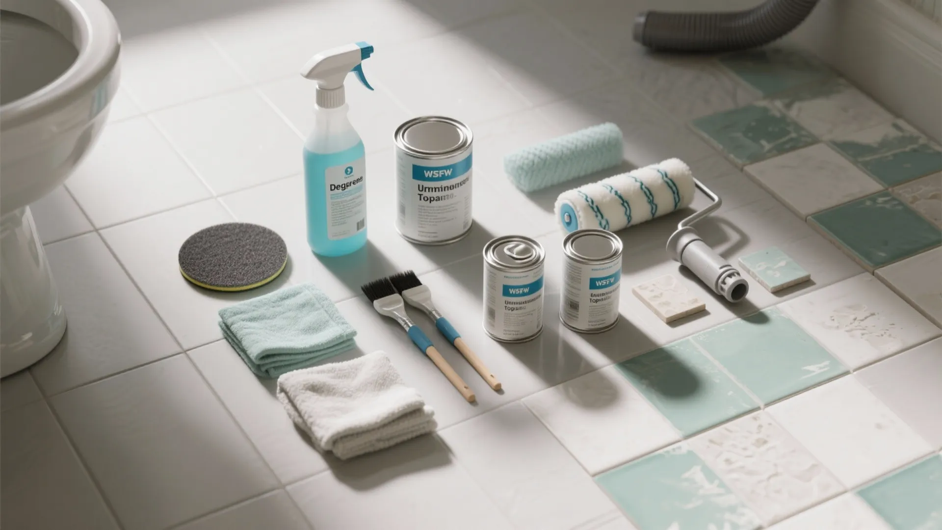 Floor tile painting tools including paint cans spray bottle brushes rollers and towels on white tiles