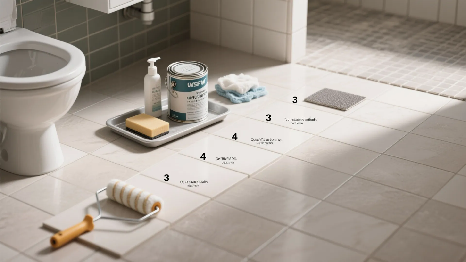 Top-down view of tile prep materials and step flow: cleaning, sanding, primer, paint, sealer.
