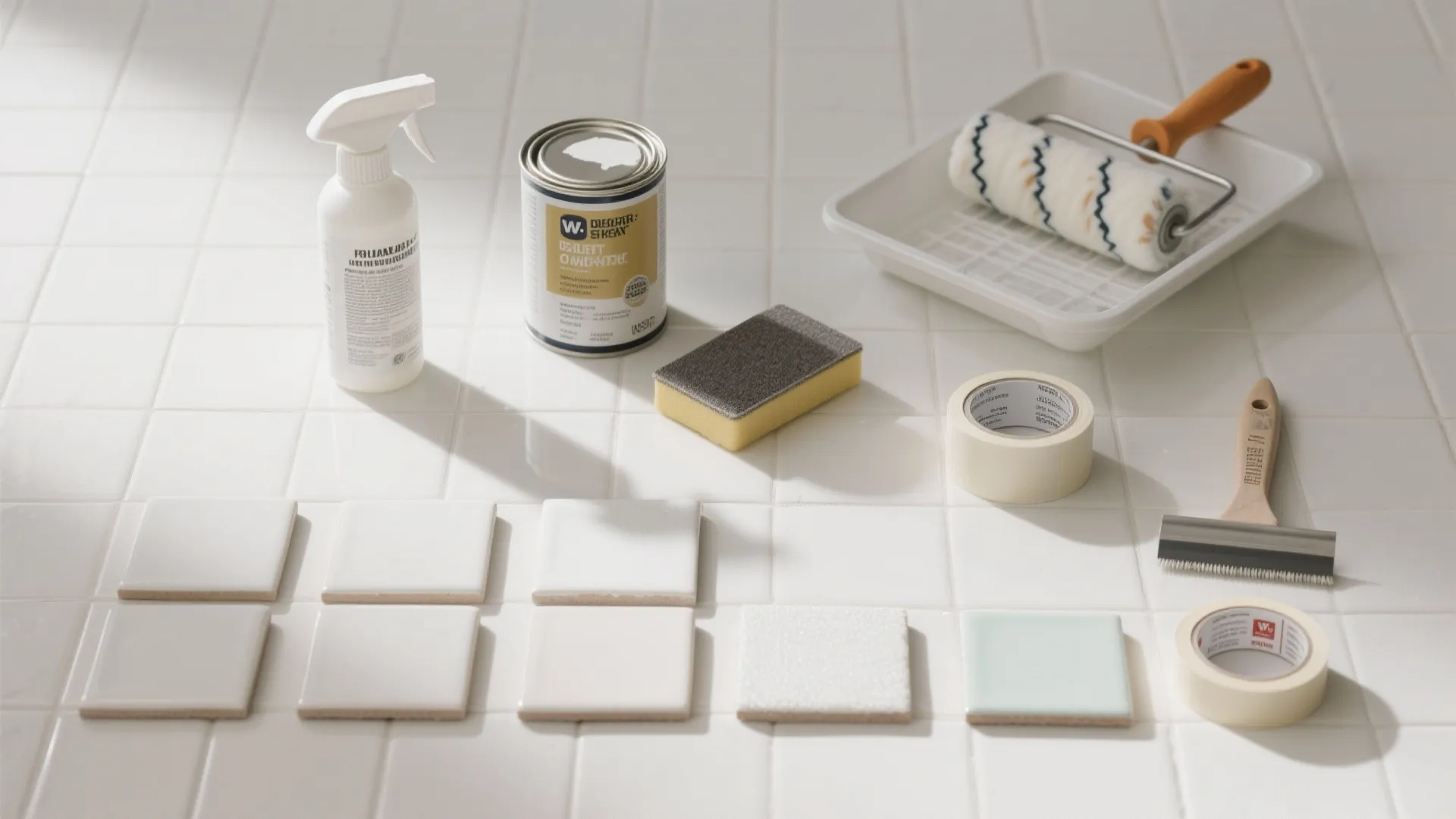 Home renovation tools for tiling including spray bottle paint can roller sponge tape and white tiles