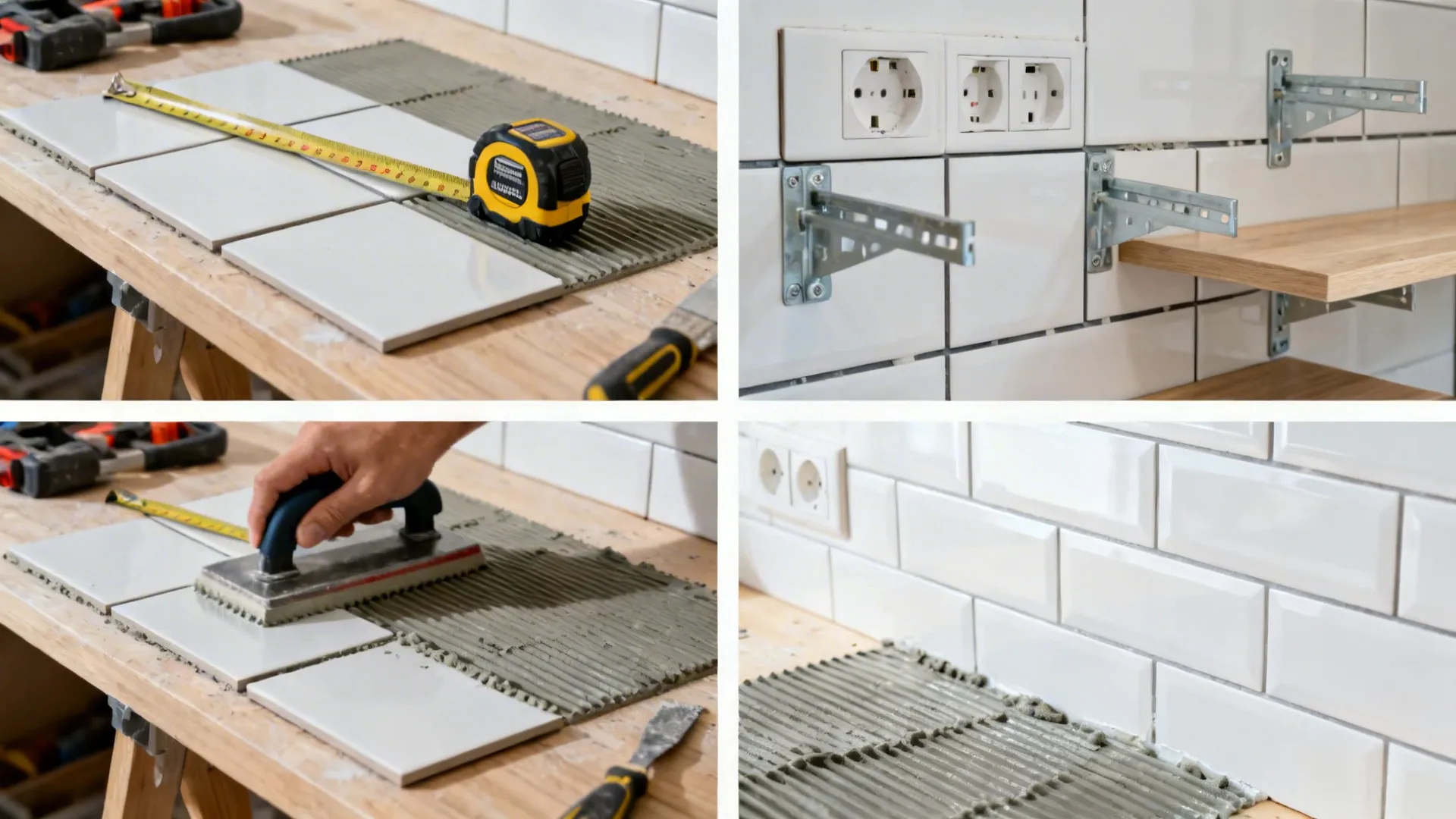 Top-down process panels showing layout checks, grouting, and a finished bright backsplash.