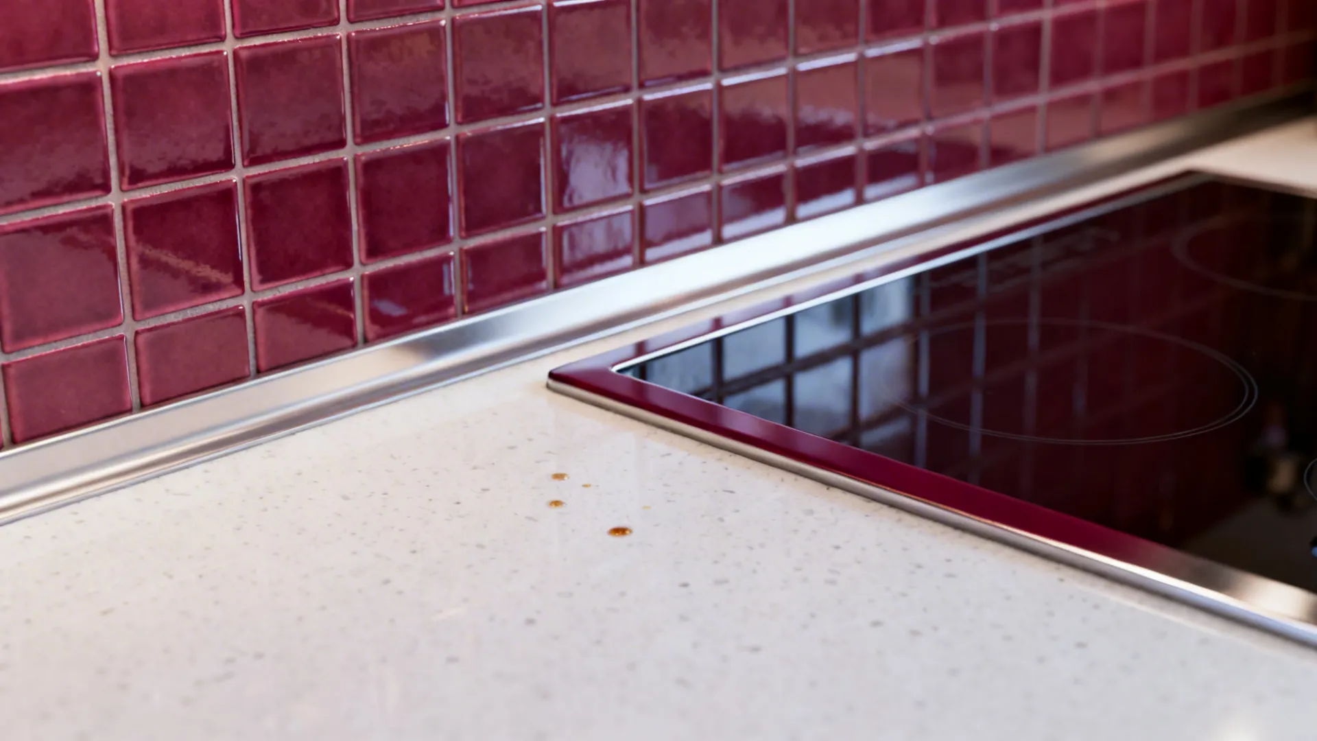 Macro of burgundy low-sheen tile backsplash next to clean white quartz countertop.