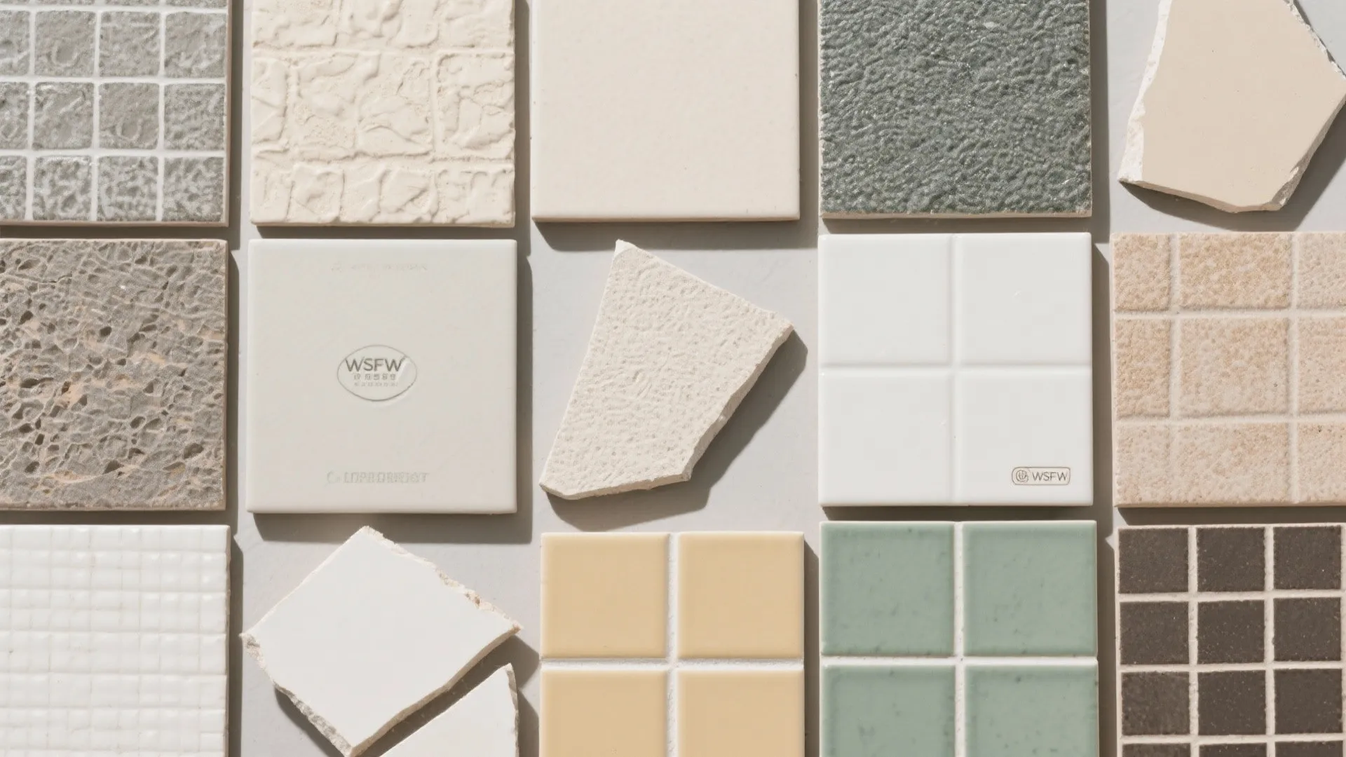 Assorted tile remnants arranged in a flatlay for bathroom design
