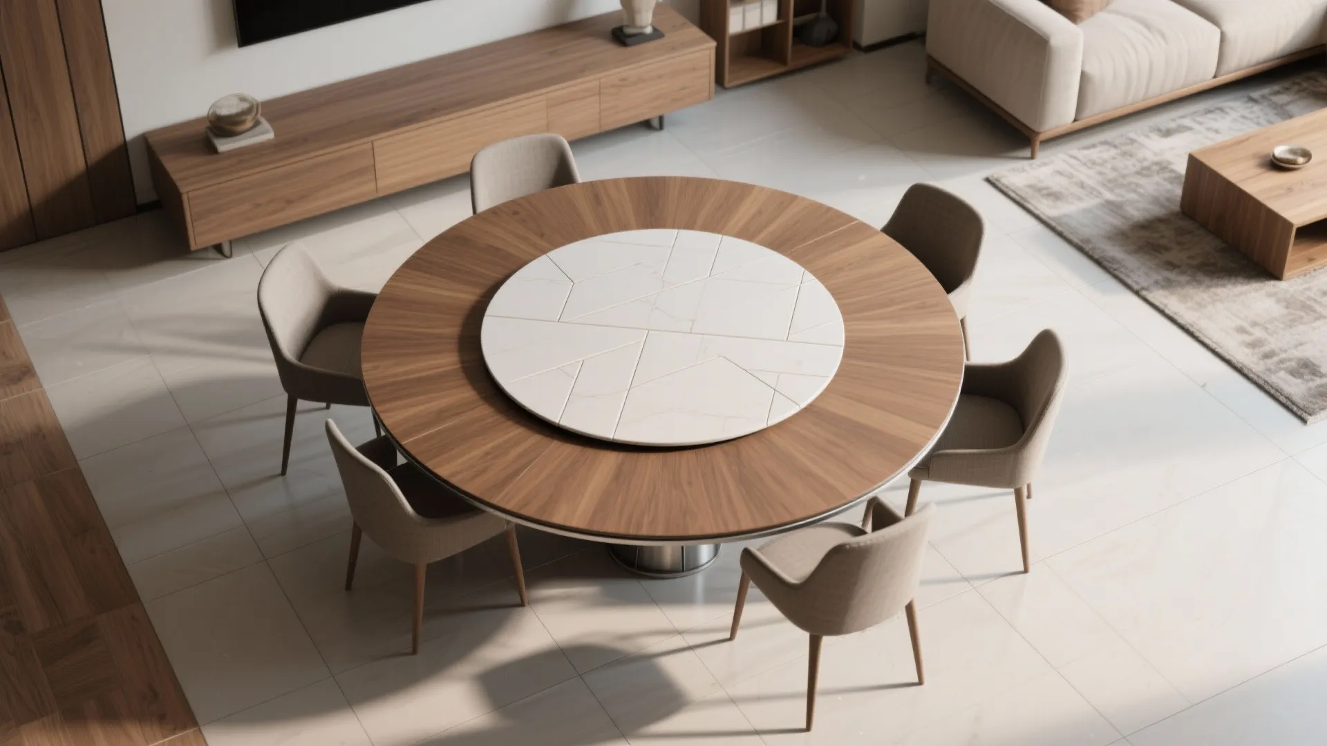 4. Hybrid ring: tile around the table, warm wood in the lounge