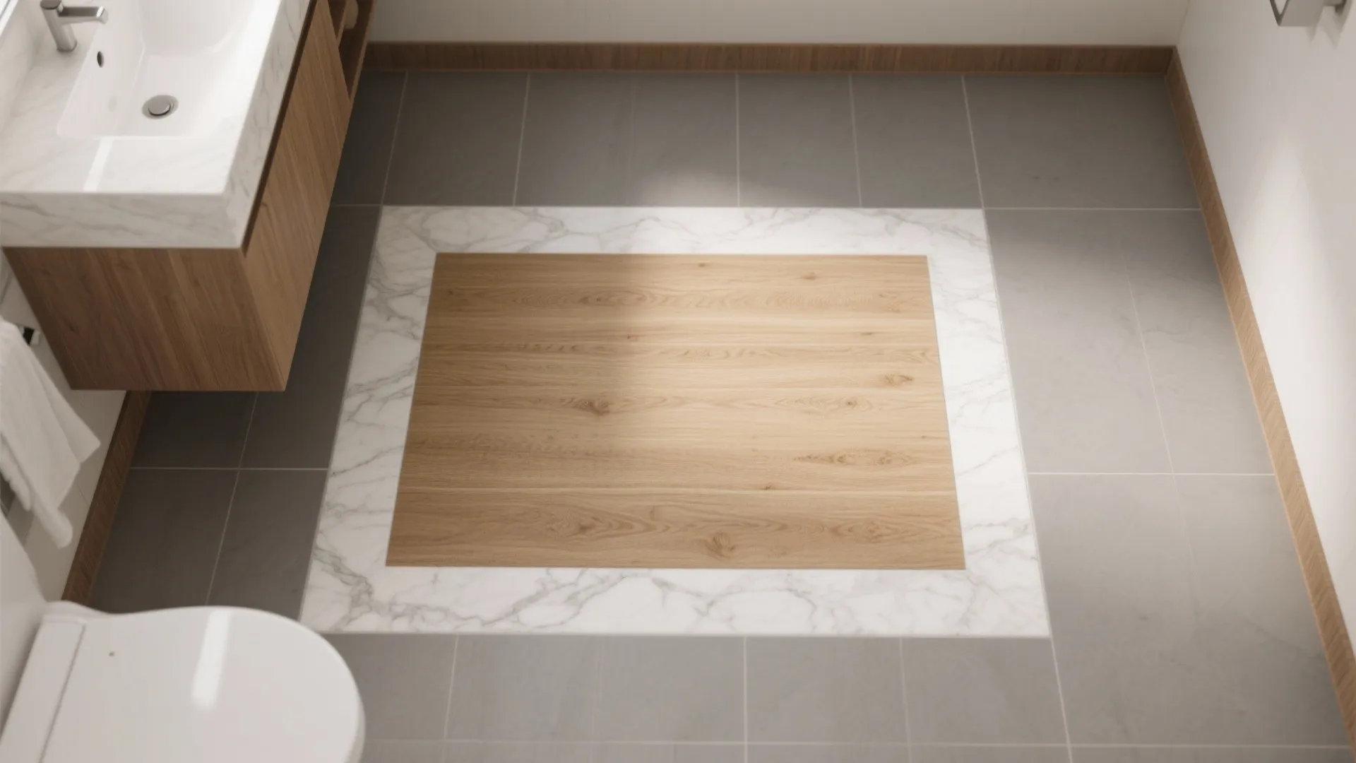 Top view of bathroom floor showing wood pattern tile surrounded by marble and grey tiles