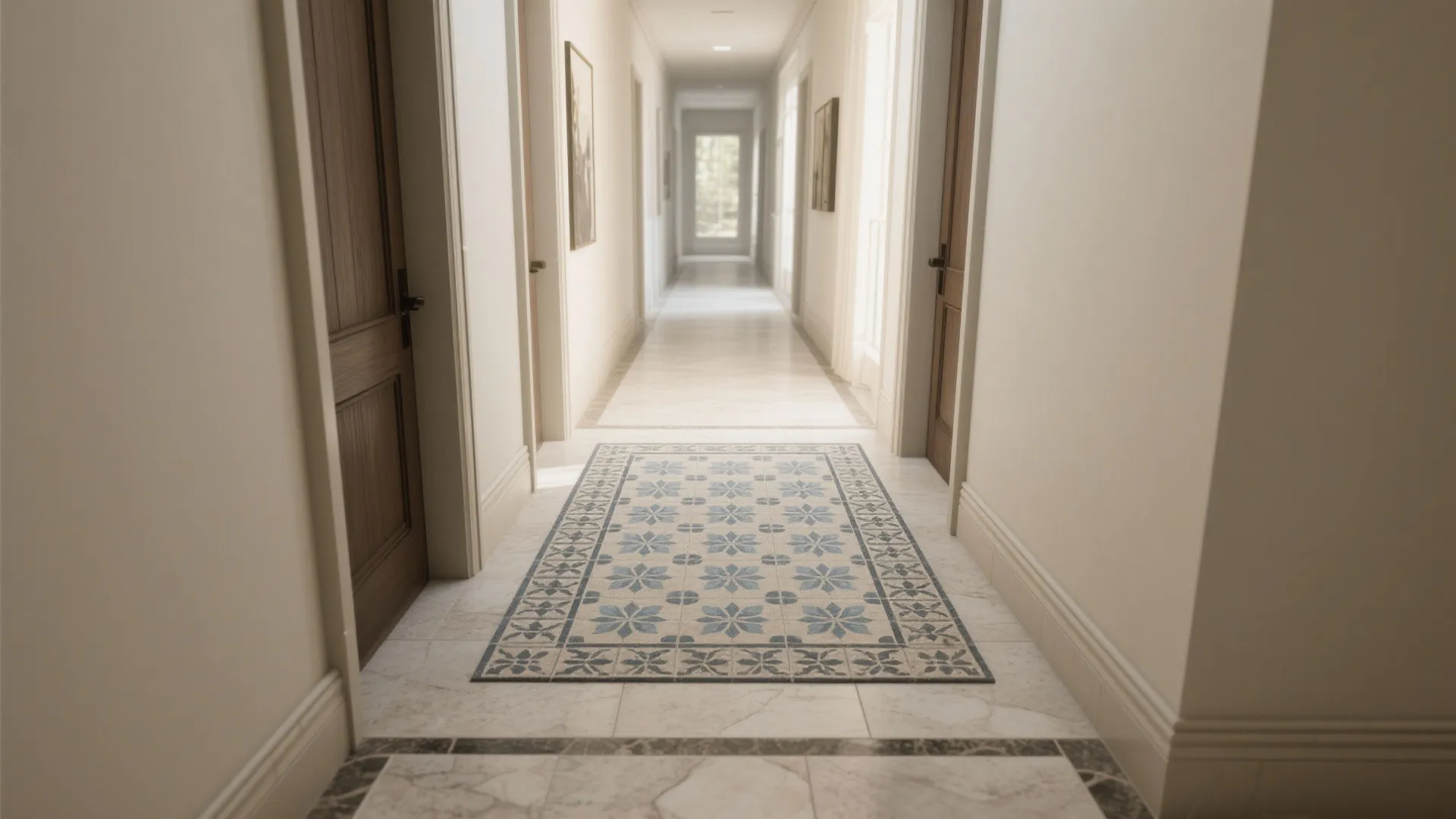 Hallway interior design featuring blue floral pattern floor tiles surrounded by large beige marble tiles