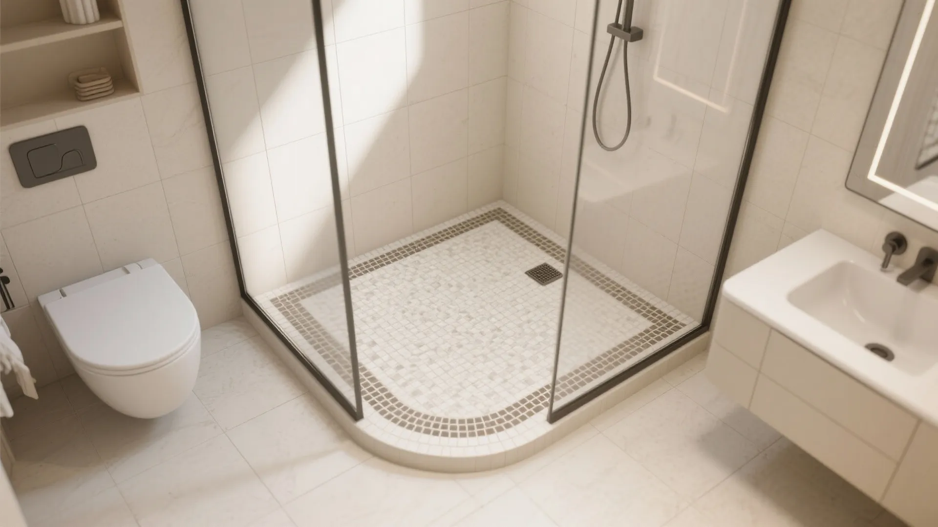 Modern bathroom interior design featuring glass shower cabin with white and grey floor mosaic tiles