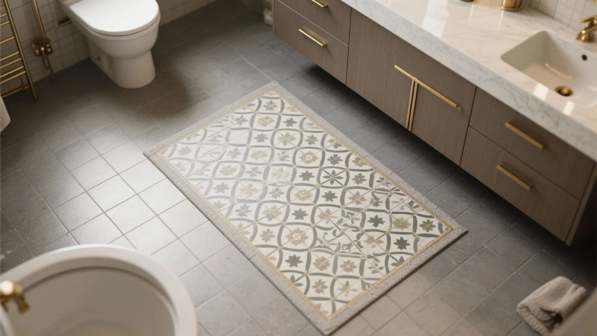 Warm Gray Cement Tile with Brass and a “Tile Rug” Inset