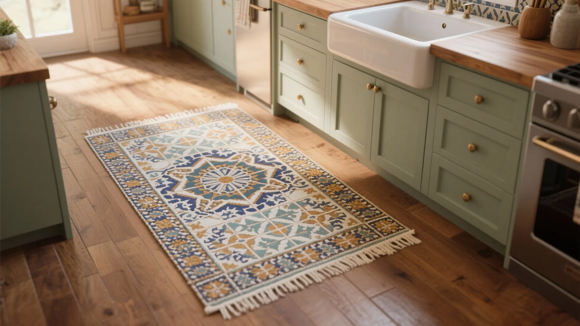 Patterned floor rug placed in a green kitchen with white sink and wood floor surface