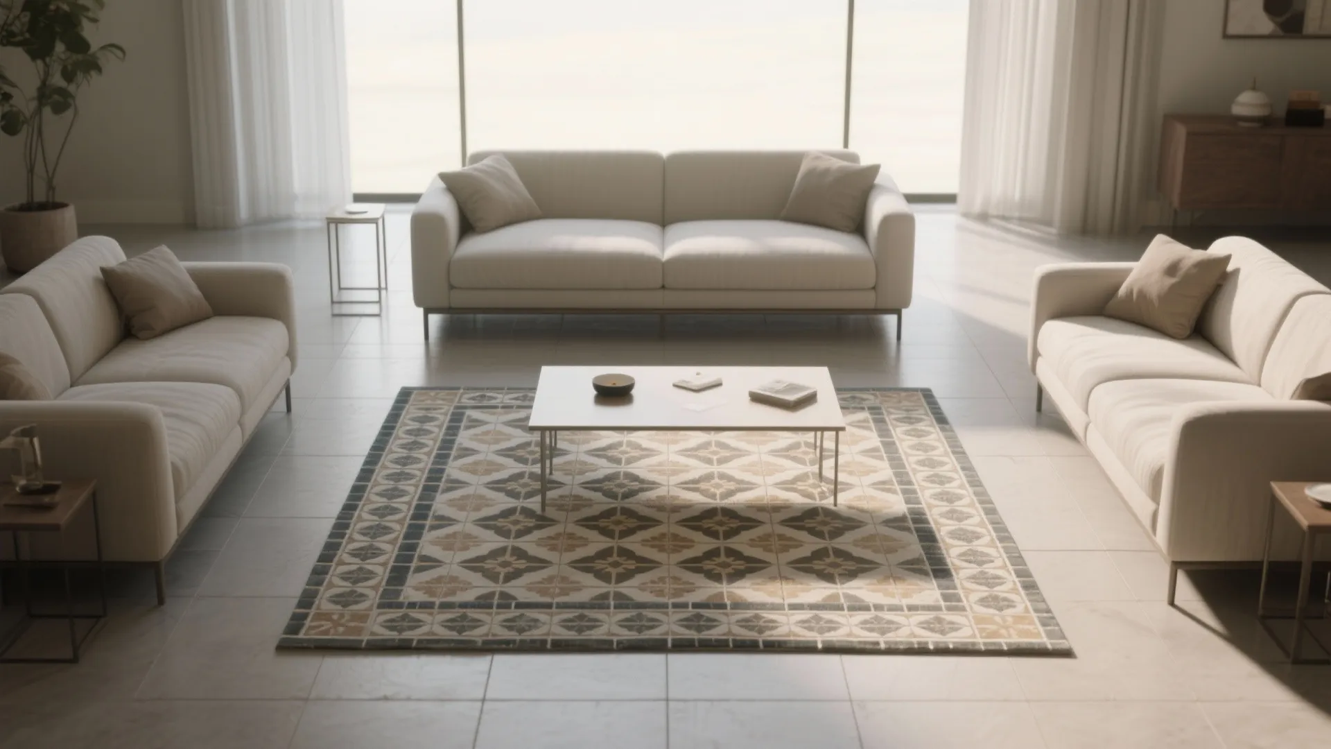 Patterned Tile Rug to Zone a Studio Living Room