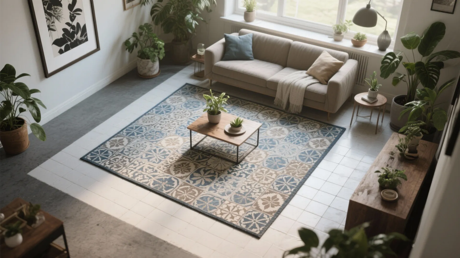 Patterned Cement or Cement-Look Tiles as a “Rug” Zone