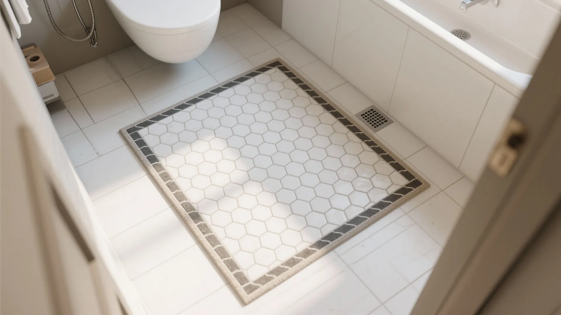 Top view of bathroom floor with hexagon tile rug pattern near white toilet and bathtub