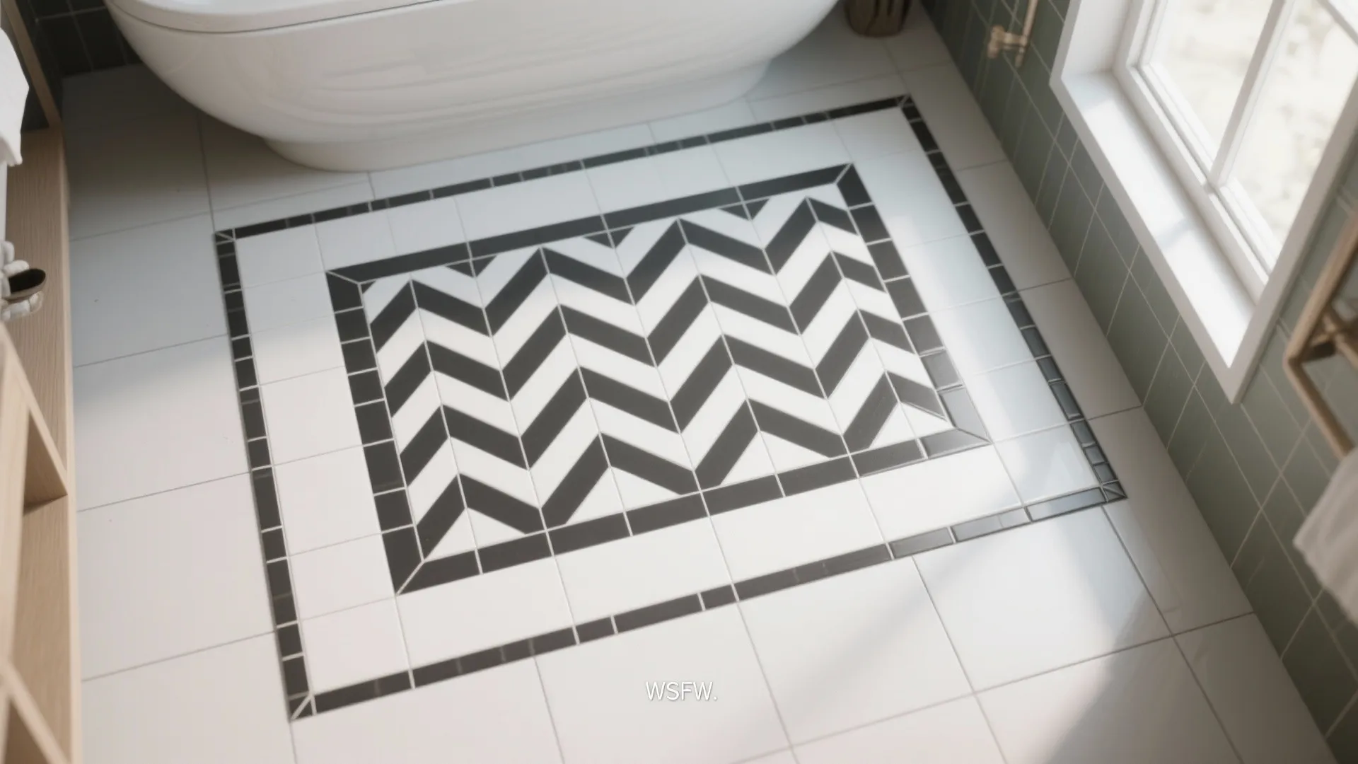 Modern bathroom floor design featuring black and white patterned tile rug next to white bathtub
