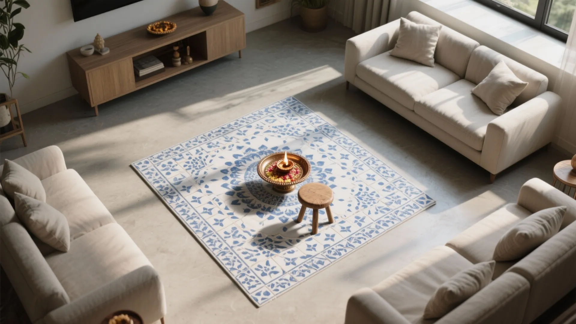 Patterned Tile ‘Rug’ to Define the Pooja Zone