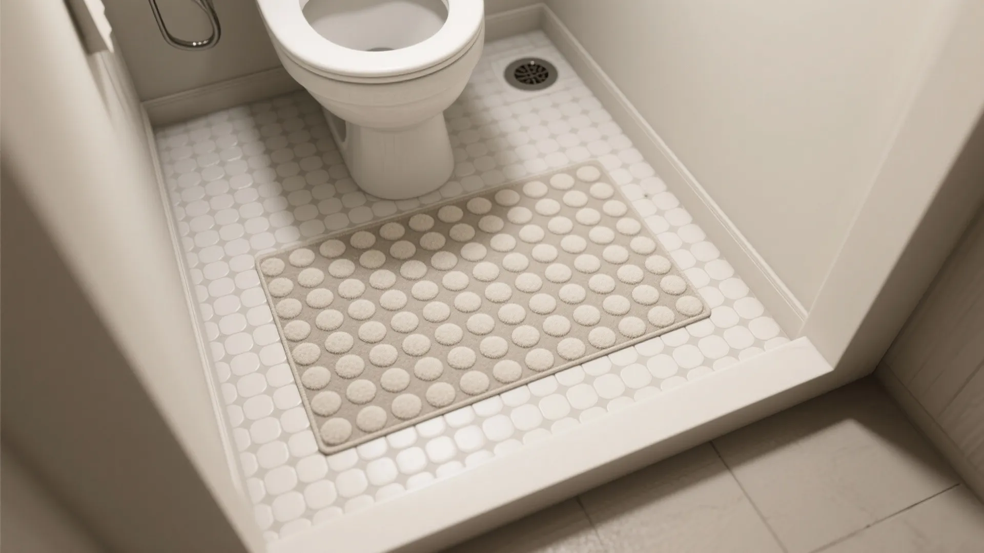 Top down view of white toilet on small square tiles with beige patterned floor mat
