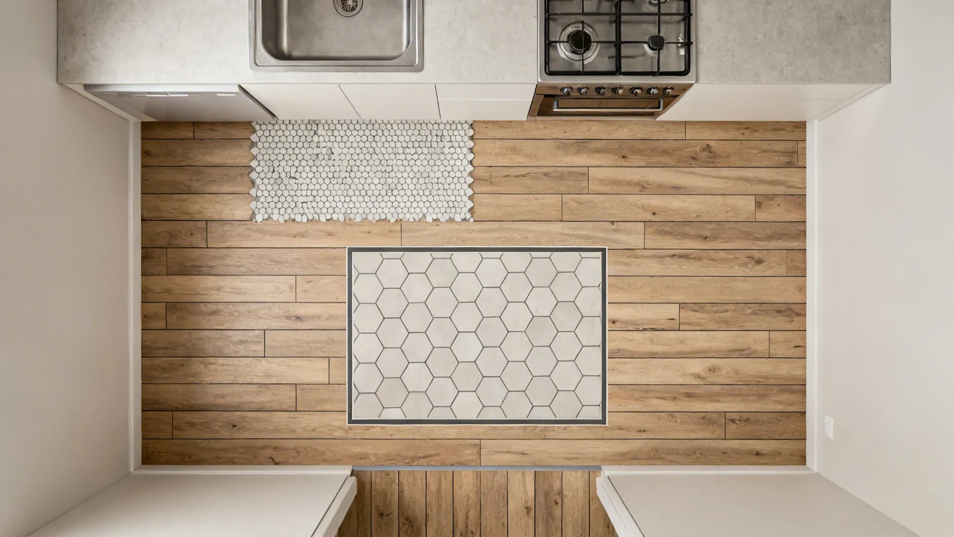 Top-down layout showing wood planks and a centered hex-tile rug with a clean transition.