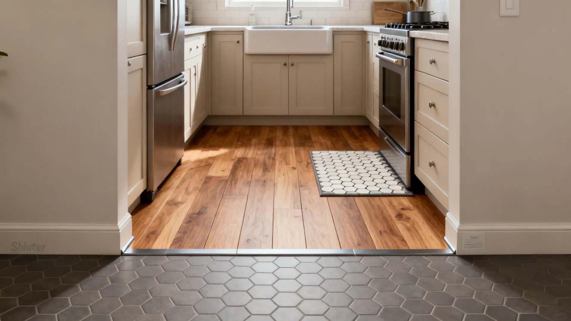 Kitchen floor with a flush transition from warm wood to a centered hex-tile rug at the sink.