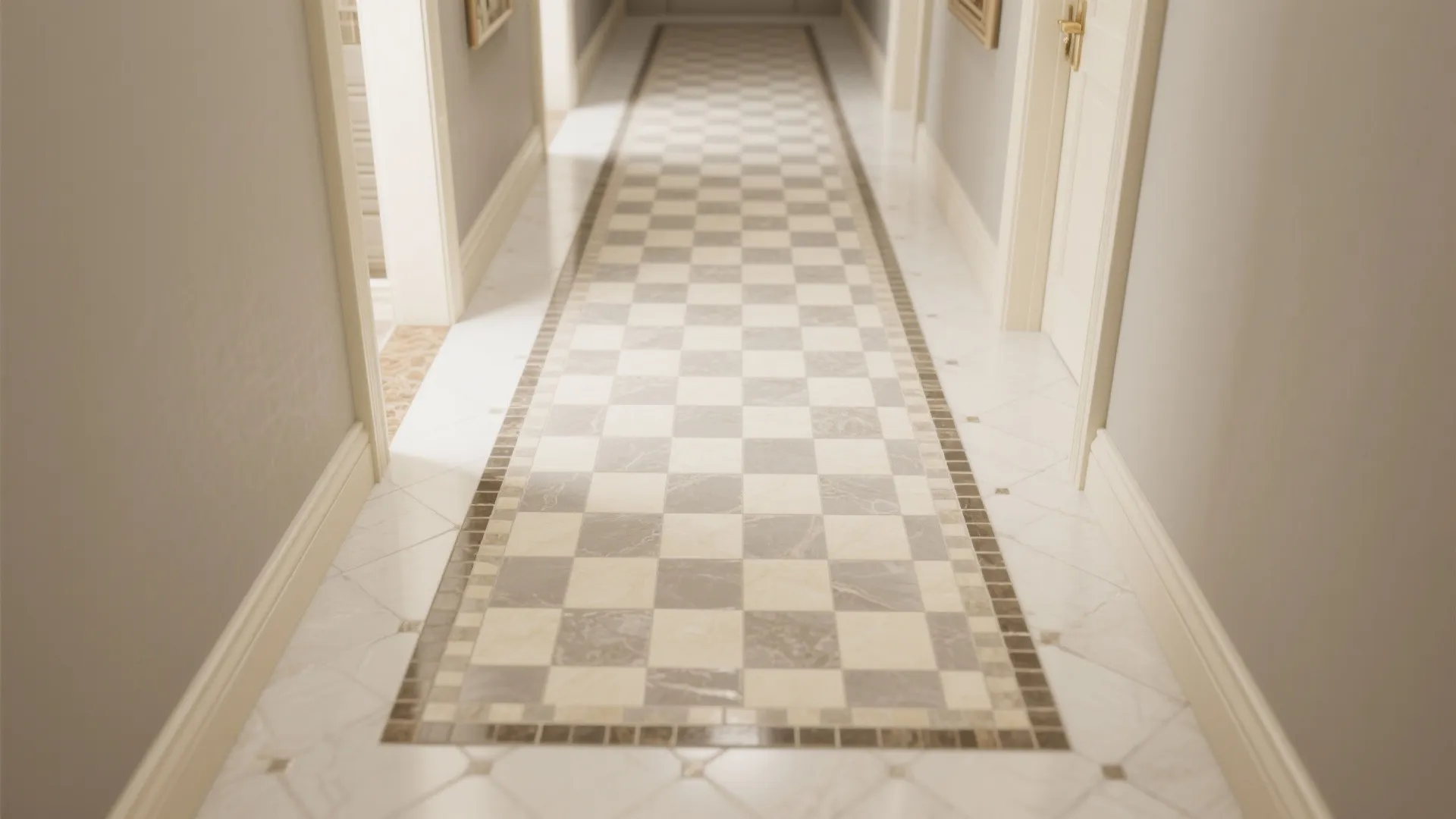 Bright hallway interior with a checkered tile pattern running down the center between white walls