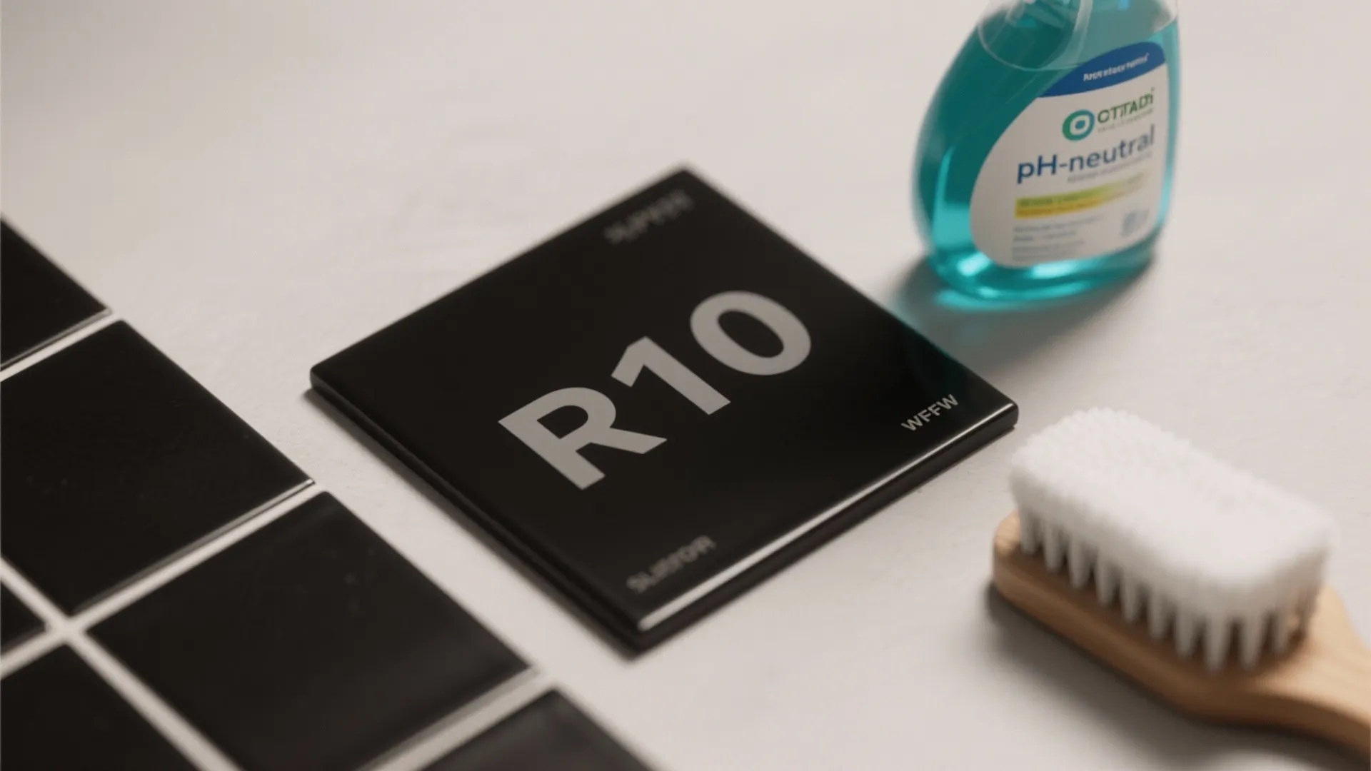 Slip-resistant matte black tile sample with cleaning supplies and R10 rating