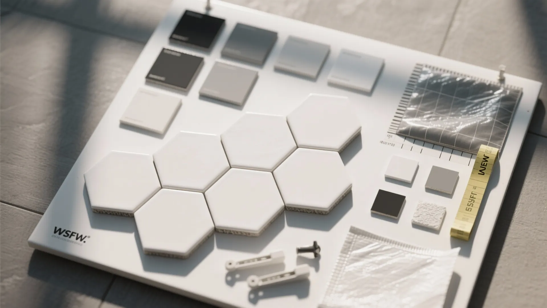 Material board showing white hexagon floor tiles and various color swatches for interior design planning