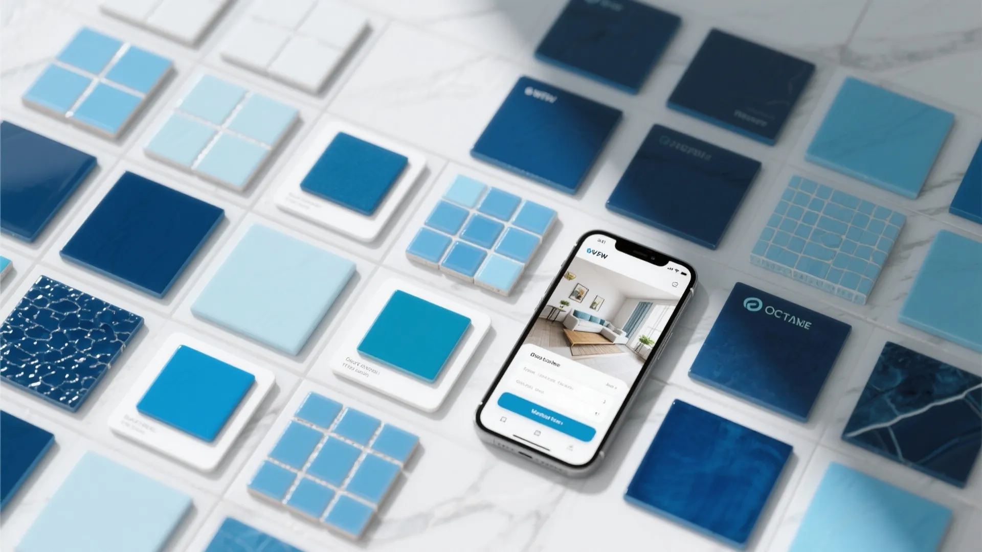Mobile phone showing interior design app layout surrounded by blue floor tile samples and squares