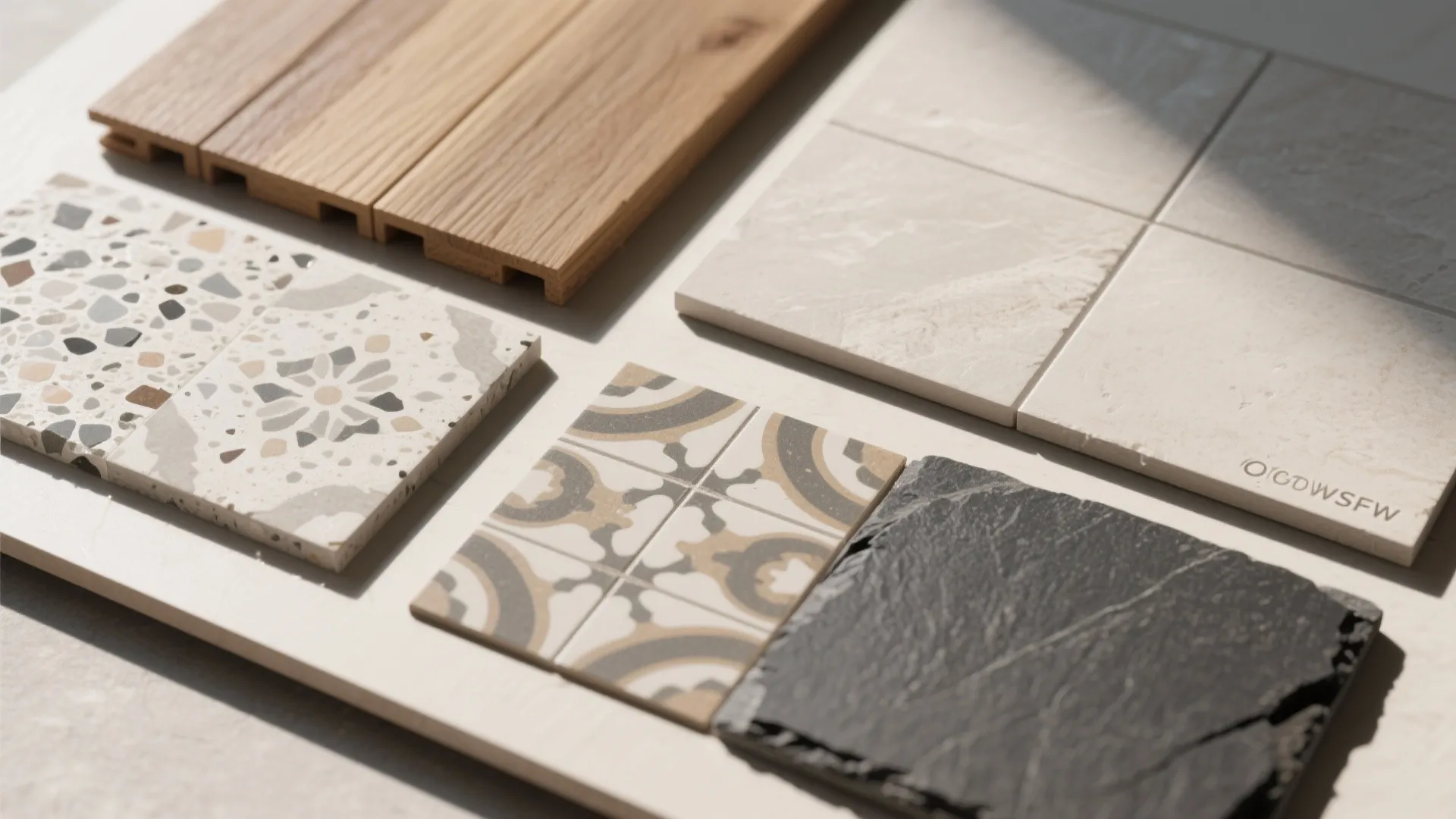 Interior design material board showing wood planks terrazzo tiles patterned floor tiles and dark stone
