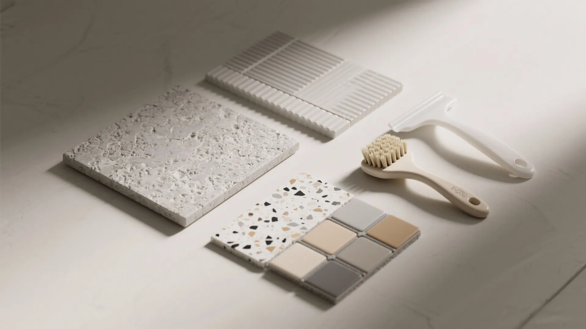 Various bathroom tile samples including terrazzo and textured patterns shown with a cleaning brush tool