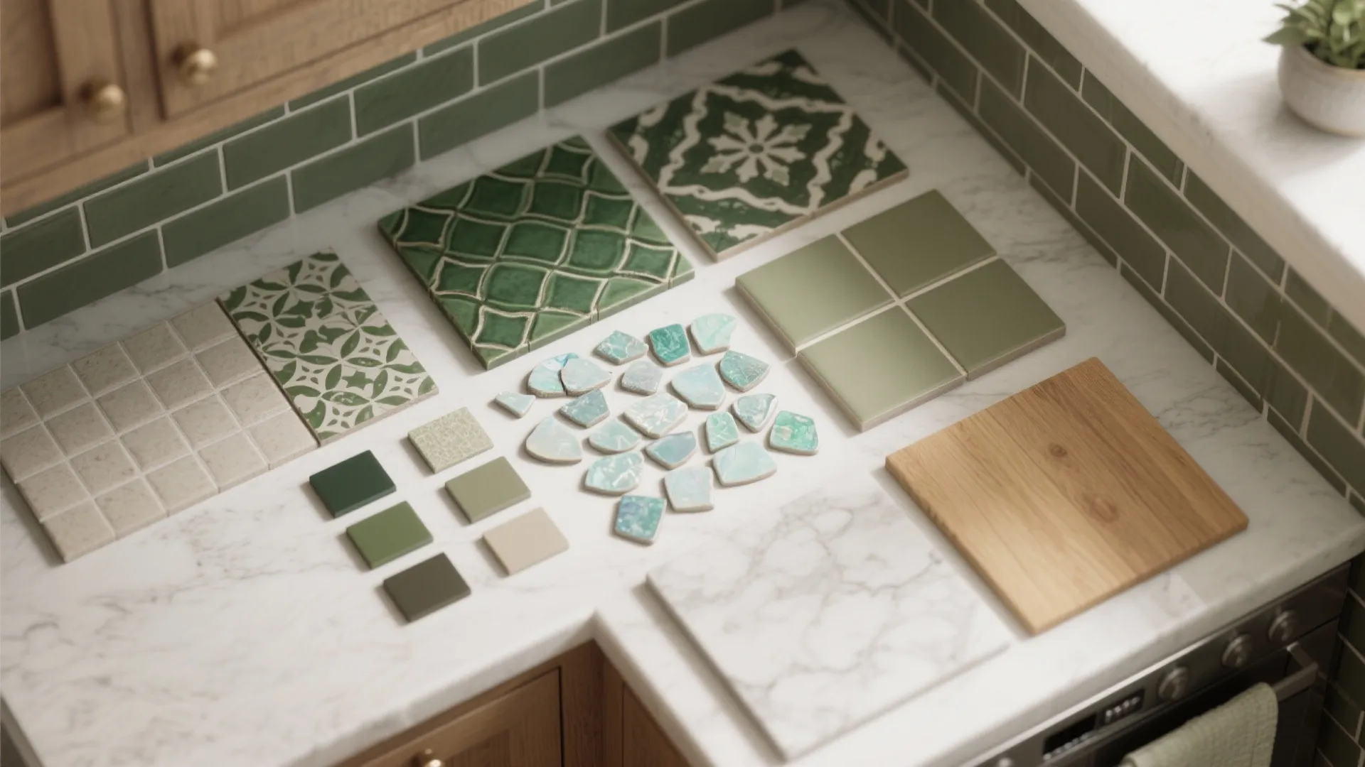 Flatlay of green tile samples and material swatches for kitchen planning