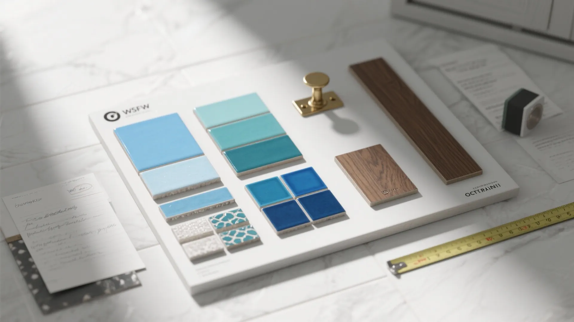 Flatlay of blue tile swatches, grout and hardware samples for backsplash planning.