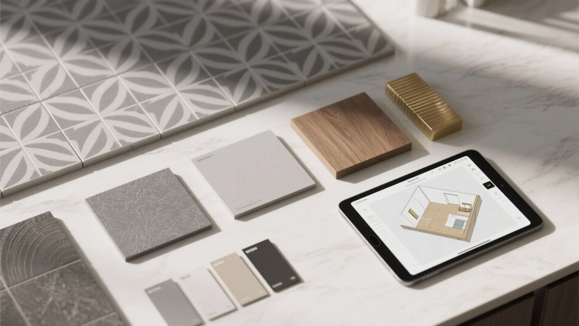 Tablet showing interior design drawing next to wood stone and tile samples on marble surface
