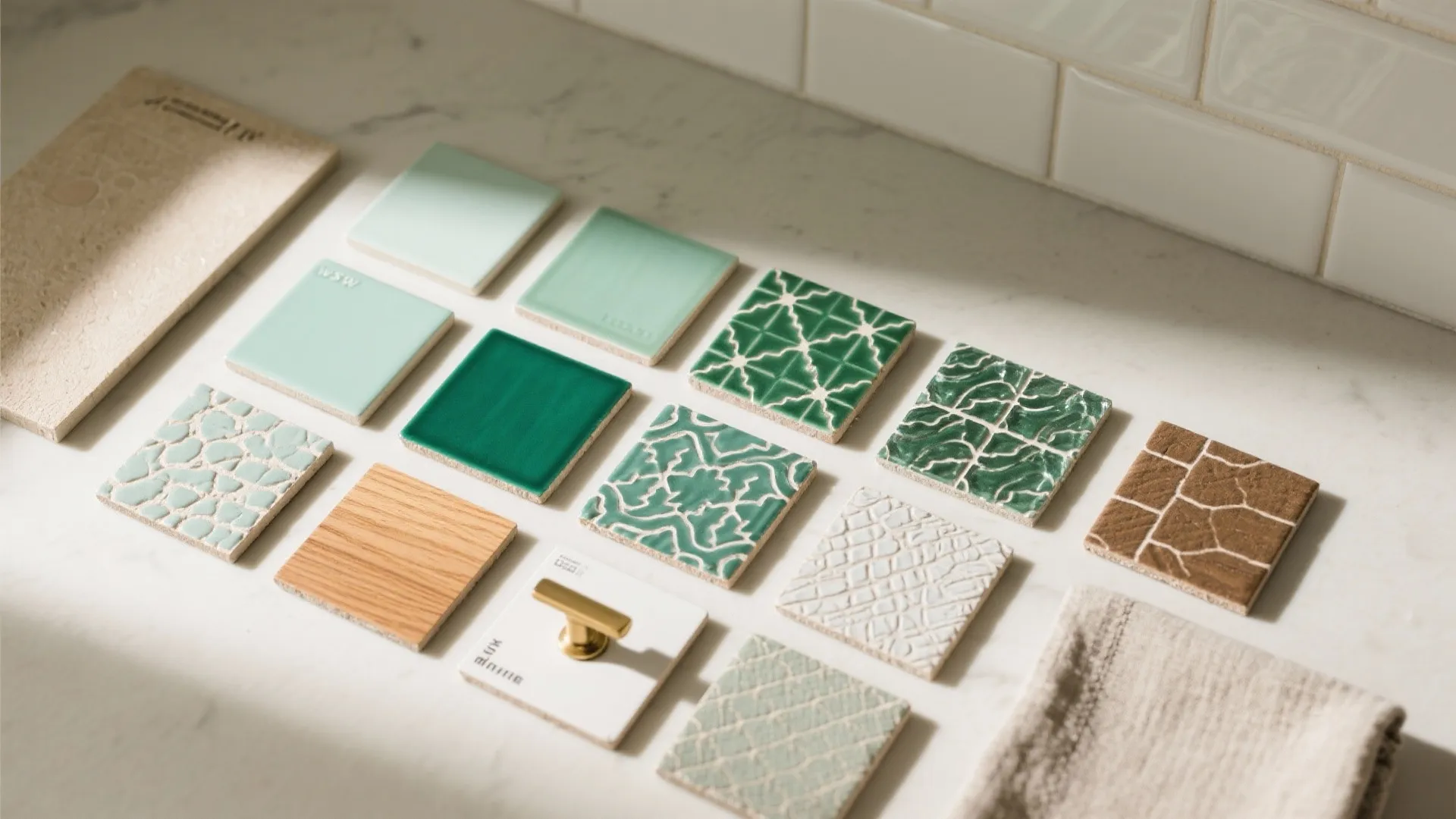 Various colorful square tile samples with different patterns and textures displayed on a white surface