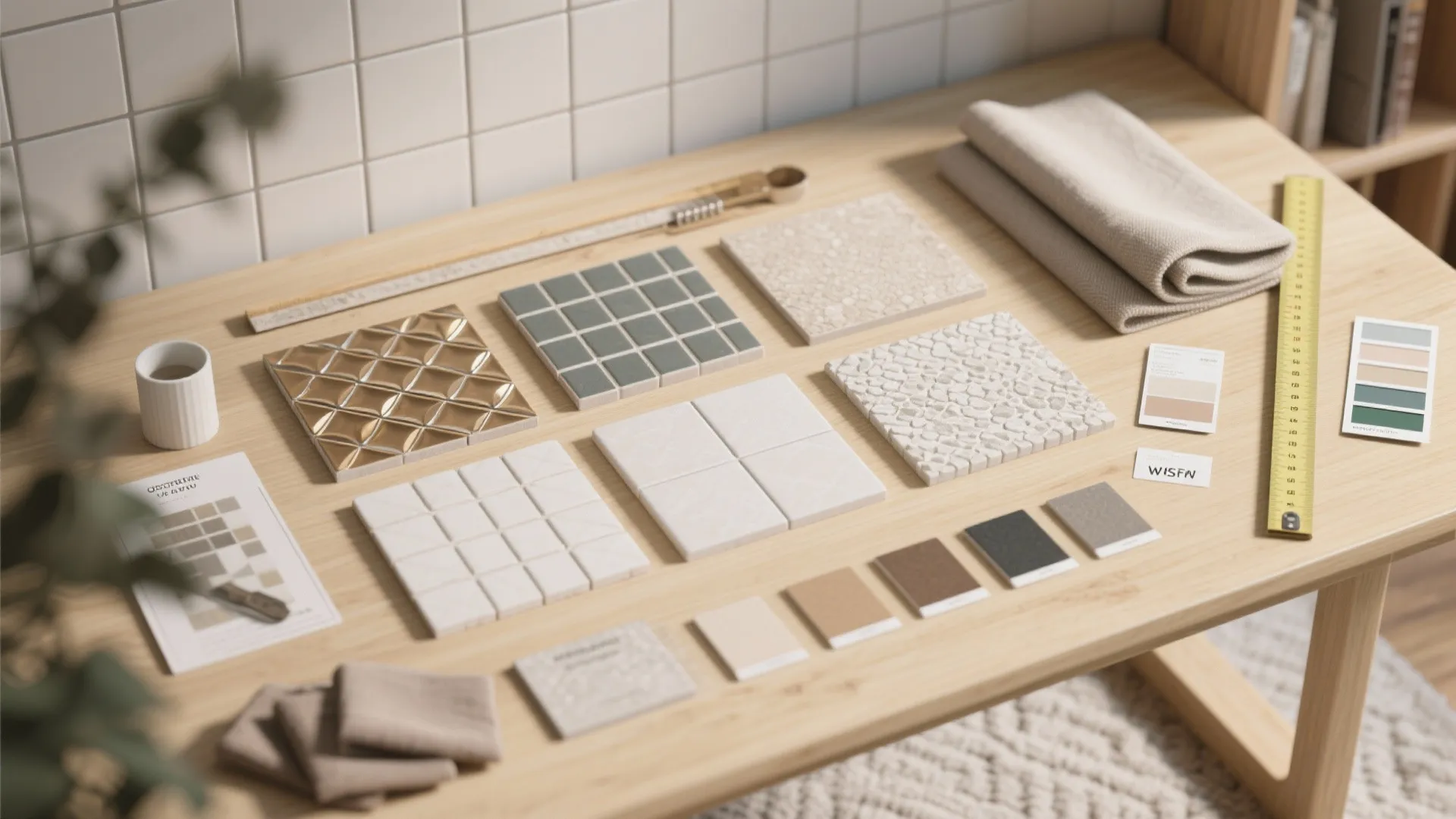 Flatlay of tile samples, grout swatches and fabric mood items for planning a tiled living room wall.