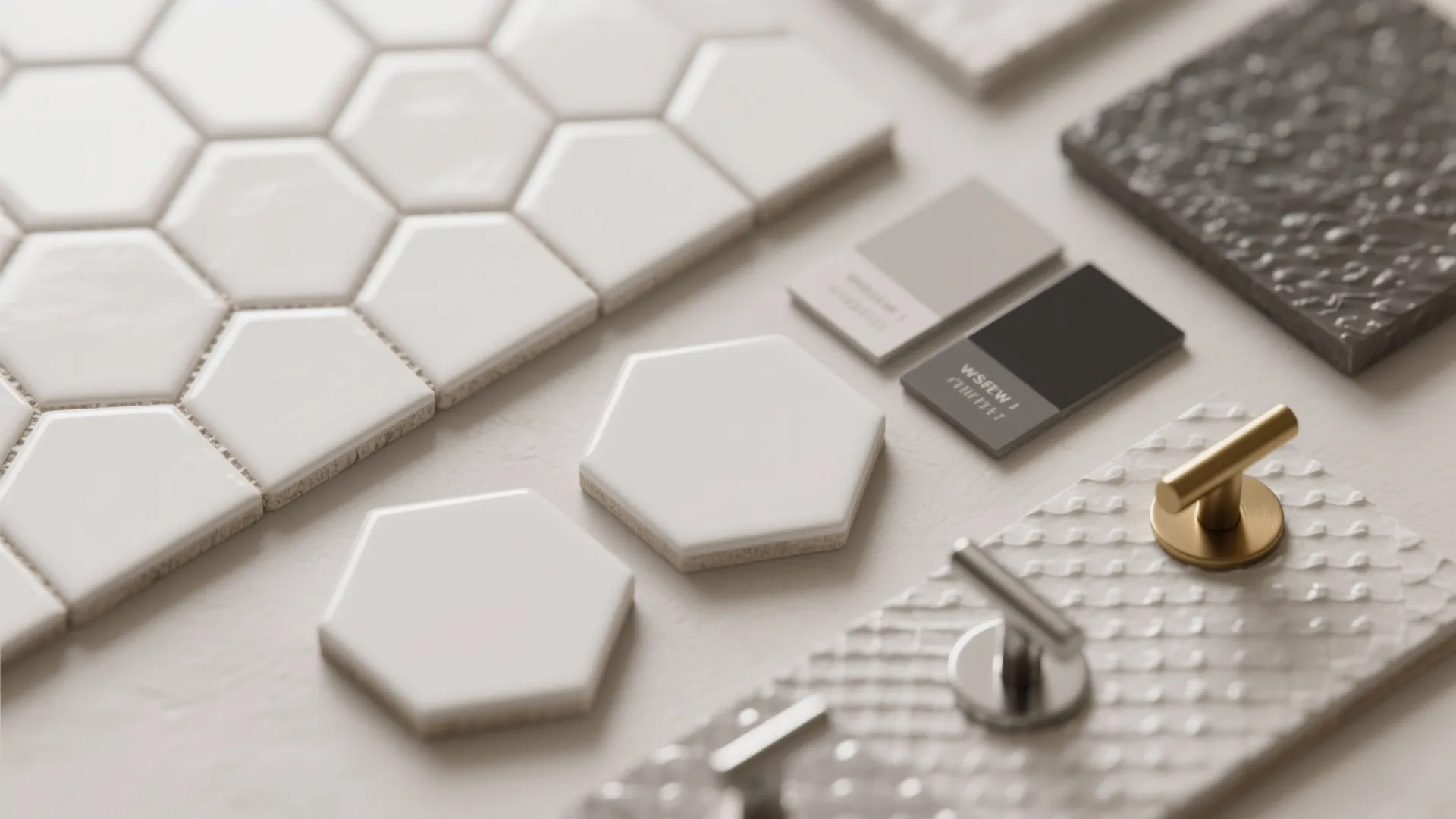 Interior design materials including white hexagon tiles color swatches and gold metal cabinet door handles